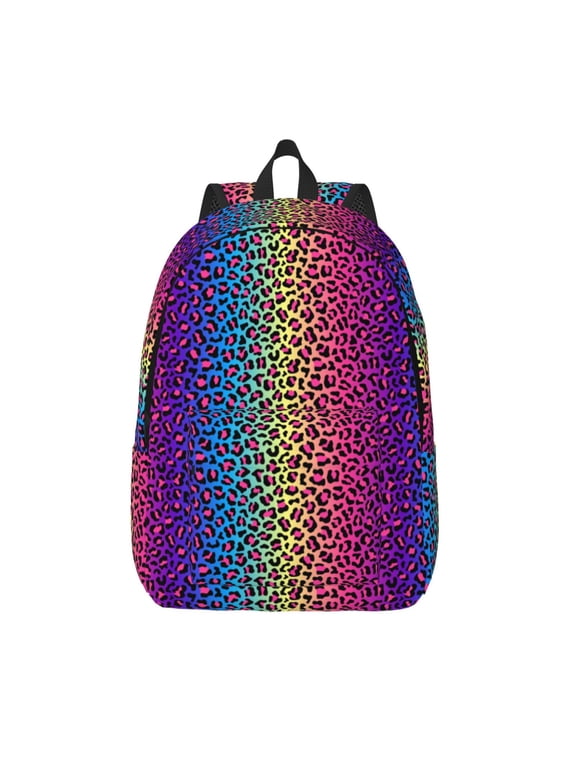 Leopard Neon Rainbow Gradient Print Canvas Backpack Travel Rucksack Unisex Knapsack 15.7/17.7Inch Laptop Backpack for Work,College -Small