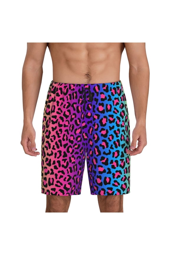 Leopard Neon Rainbow Gradient Print Men's Pajama Shorts Lounge Bottoms Sleep Shorts Elastic Waist Lightweight PJ Shorts with Pockets-4X-Large