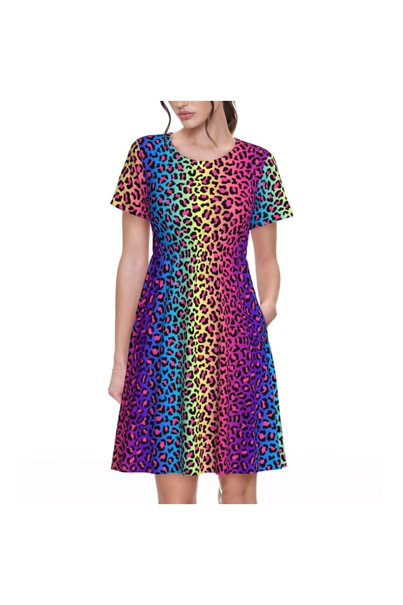 Leopard Neon Rainbow Gradient for Womens Summer 2025 Casual Midi Maxi Dresses Lightweight Short Sleeve Round Neck Beach Dress -X-Large