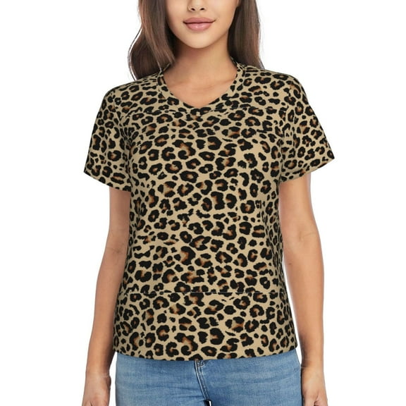 Vsdgher Leopard Print-1 Women Shirts V Neck Short Sleeve Tops T-Shirt Basic Tees, S to 3XLXX-Large