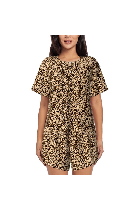 Leopard Print Brown Pattern Womens Pajamas 2 Piece Short Sleeve Sleepwear Set,Summer Soft Pajamas Set Casual Lounge Sets, 2-Piece Pj -Small