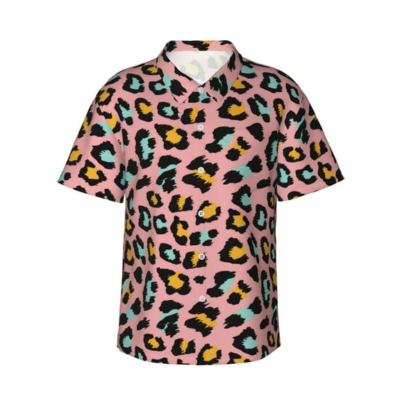 Vsdgher Leopard Print Men's Hawaiian Shirts Button Down Tropical Holiday Beach Shirts Vacation Clothes,X-Large