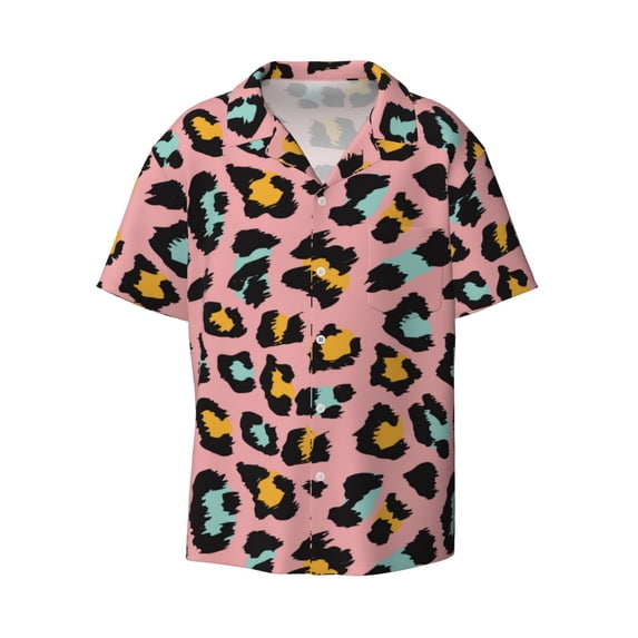 Vsdgher Leopard Print Men's Wrinkle Free Untucked Cuban Shirt Business Casual Button Down Shirts Short Sleeve Shirt