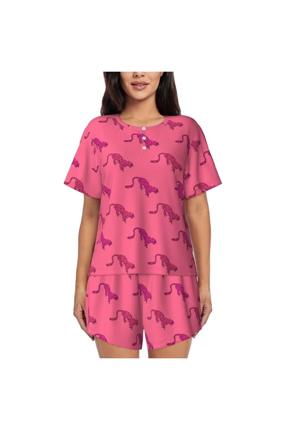 Leopard Print Pattern Womens Pajamas 2 Piece Short Sleeve Sleepwear Set,Summer Soft Pajamas Set Casual Lounge Sets, 2-Piece Pj -3X-Large