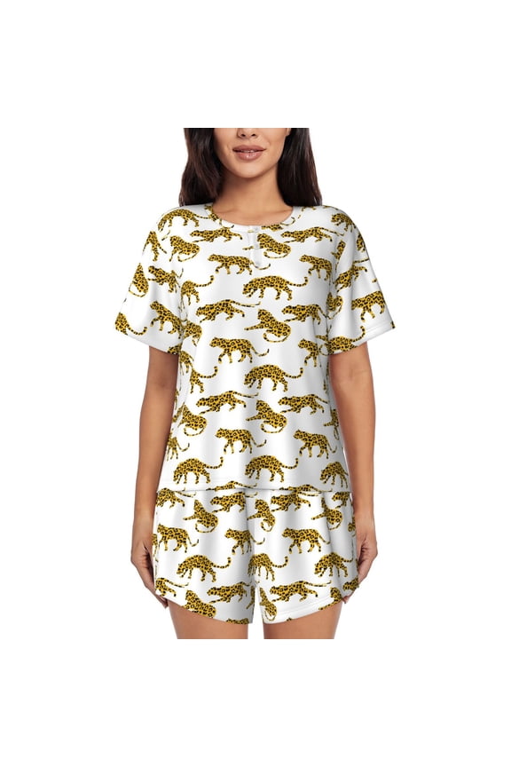 Leopard Print Pattern Womens Pajamas 2 Piece Short Sleeve Sleepwear Set,Summer Soft Pajamas Set Casual Lounge Sets, 2-Piece Pj -3X-Large