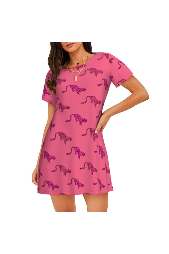 Leopard Print Pattern Womens Short Sleeve Sleepshirt Scoopneck Cute Nightdress Ruffle Comfy Nightgown