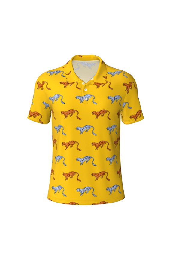 Leopard Print Print Men's Short Sleeve Stretch Polo Shirt, Moisture-Wicking Performance Polo Shirt