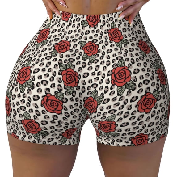 Vsdgher Leopard Print Rose print Workout Shorts for Women Seamless Soft Smooth Gym Yoga Scrunch Active Exercise Fitness Shorts