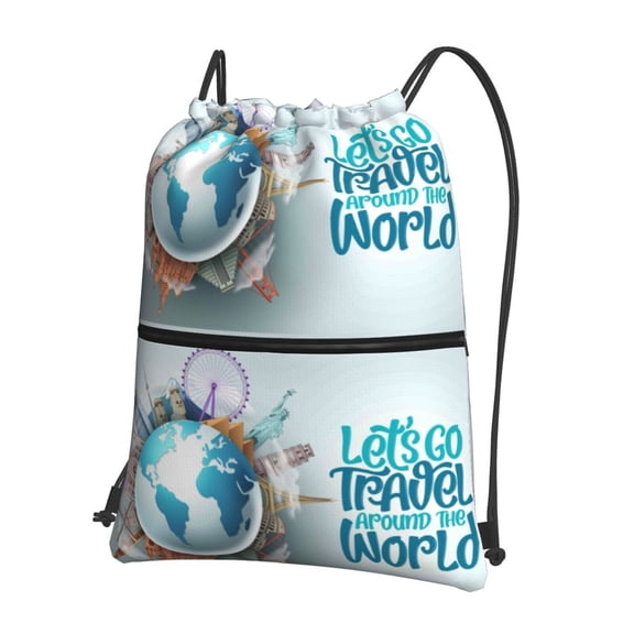 Vsdgher Let's go Travel Around the World Drawstring Backpack Water Resistant String Bag Sports Sackpack Gym Sack for Men Women
