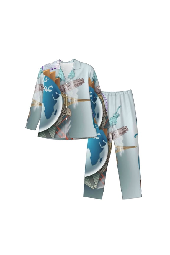 Let's go Travel Around the World Mens Pajama Set, Soft Warm Long Sleeve Sleepwear, Cozy Button-Down Pjs for Men-Large