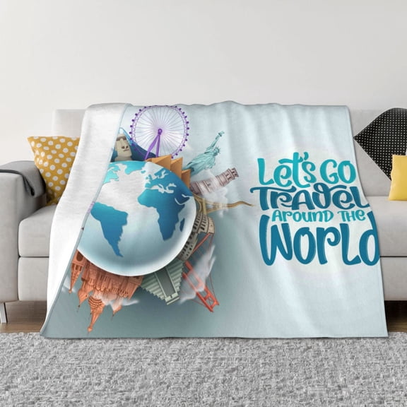 Vsdgher Let's go Travel Around the World Pattern Fleece Throw Blanket, Horizontal Fleece Bedding Home Decor for Couch & Bed All Season Use -40"x30"