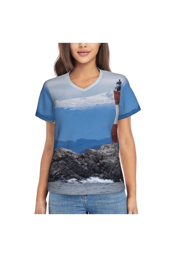 Lighthouse On The Waters Women Shirts V Neck Short Sleeve Tops T-Shirt Basic Tees, S to 3XLMedium