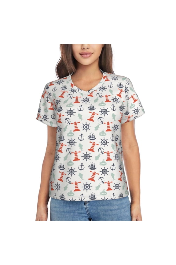 Lighthouse Sailboat Women Shirts V Neck Short Sleeve Tops T-Shirt Basic Tees, S to 3XLMedium