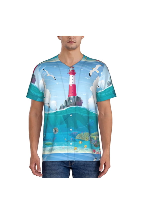 Lighthouse Sea Port Mens T-Shirts Baseball Vintage Fashionable Lightweight Casual Crew Neck Slim Fit with Long Sleeves-4X-Large