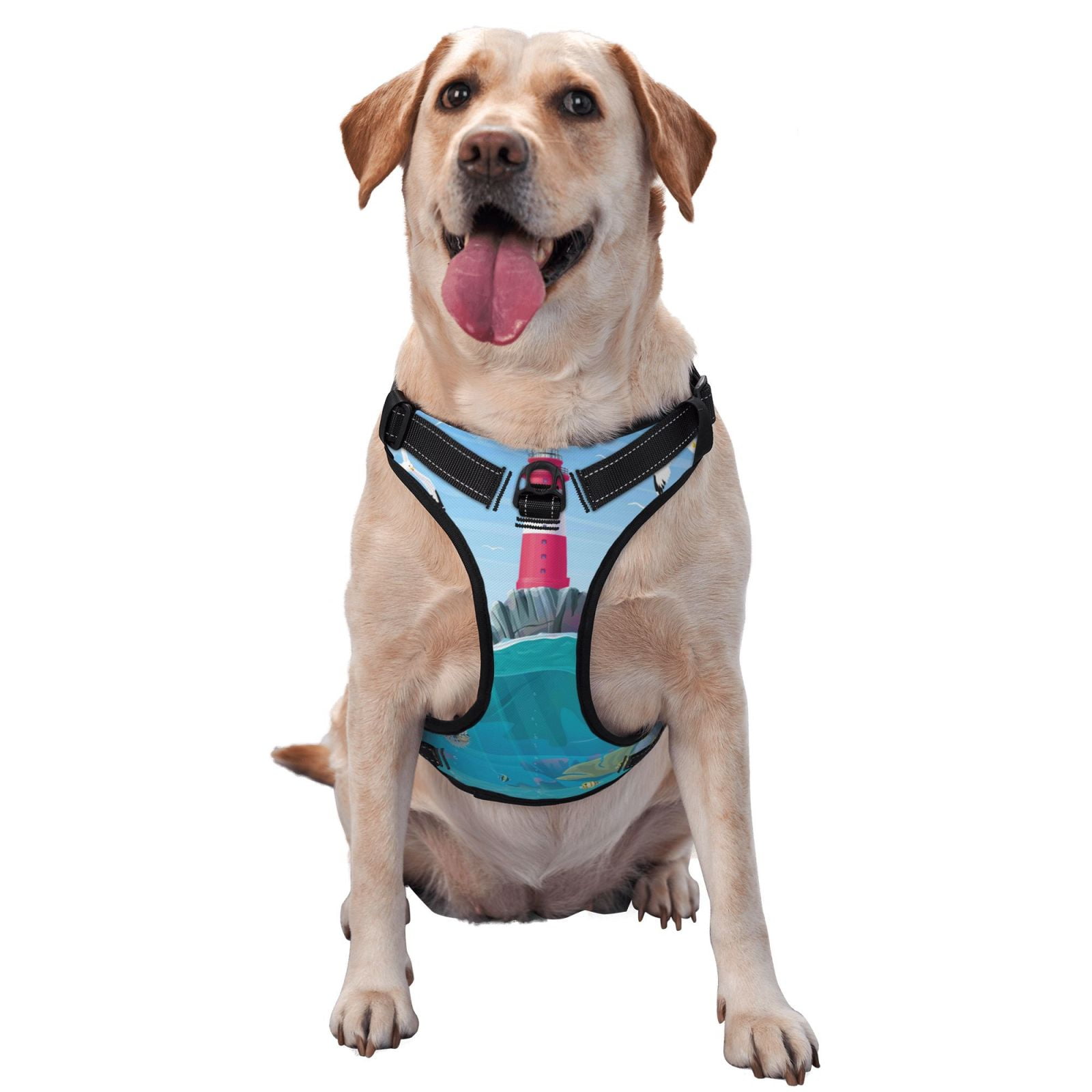 Vsdgher Lighthouse Sea Port Pattern Dog Harness,No Pull Pet Harness with Soft Padded Handle,Adjustable Reflective Vest with 2 Buckles,4 Slide Buckles,S-XL Large