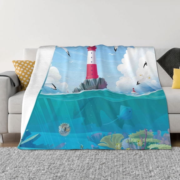Vsdgher Lighthouse Sea Port Pattern Fleece Throw Blanket, Horizontal Fleece Bedding Home Decor for Couch & Bed All Season Use -60"x50"