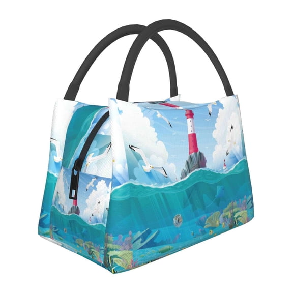 Vsdgher Lighthouse Sea Port Print Insulated Reusable Bags with Sturdy Zipper and Handles, Foldable Totes for Hot or Cold Food Bring or Delivery