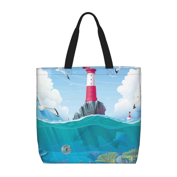 Vsdgher Lighthouse Sea Port print Tote Bag for Women Shoulder Bag with Zipper Large Shoulder Bag Handle Handbag Portable Washable for Travel, Work