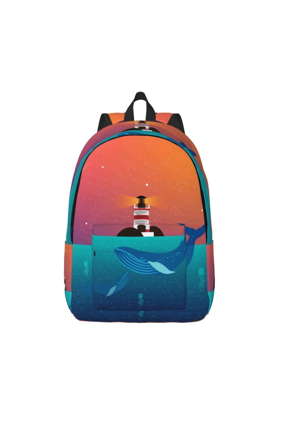 Lighthouse and Whale Print Canvas Backpack Travel Rucksack Unisex Knapsack 15.7/17.7Inch Laptop Backpack for Work,College -Small