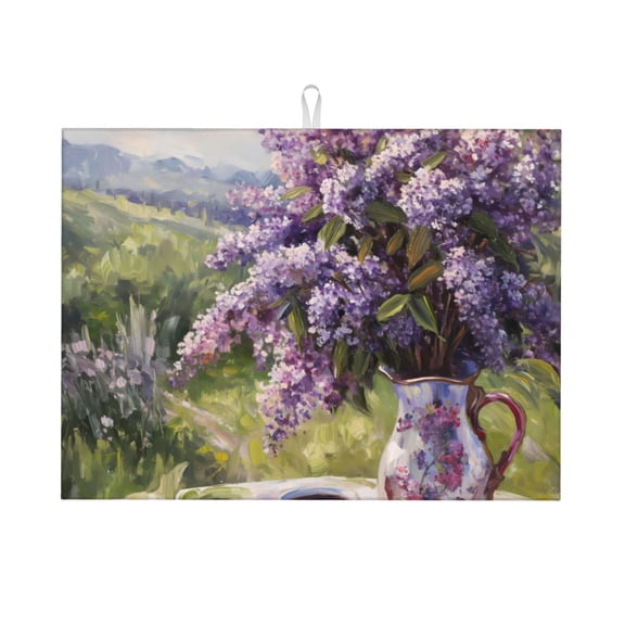 Vsdgher Lilacs Teapot Scenic Painting Dish Drying Mat Super Absorbent Drying Mat Large Dish Drying Mats for Kitchen Counter Kitchen Drying Mat 24" x 18"