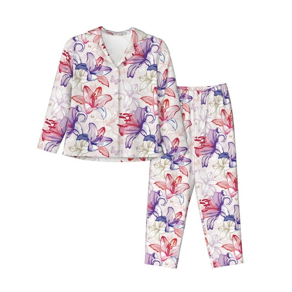 Vsdgher Lilies Flowers Pajamas Set Long Sleeve Sleepwear Womens Button Down Nightwear Pj Sets-Large