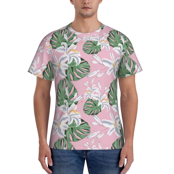 Vsdgher Lilies Flowers Print Men's Dry Fit Mesh Athletic Shirts Moisture Wicking Tennis T-Shirt Tops