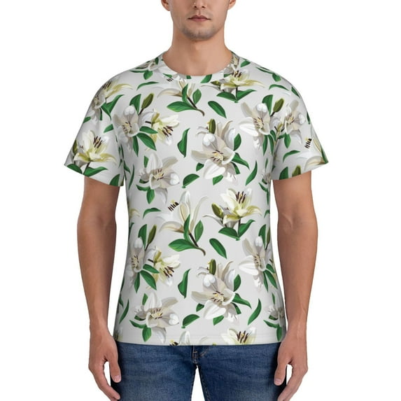 Vsdgher Lilies Flowers Print Men's Dry Fit Mesh Athletic Shirts Moisture Wicking Tennis T-Shirt Tops