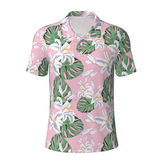 Vsdgher Lilies Flowers Print Men's Short Sleeve Stretch Polo Shirt, Moisture-Wicking Performance Polo Shirt