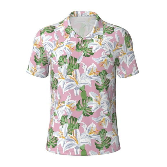 Vsdgher Lilies Flowers Print Men's Short Sleeve Stretch Polo Shirt, Moisture-Wicking Performance Polo Shirt