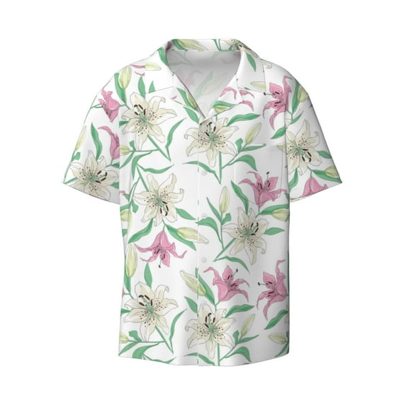 Vsdgher Lilies Flowers Print Men's Wrinkle Free Untucked Cuban Shirt Business Casual Button Down Shirts Short Sleeve Shirt