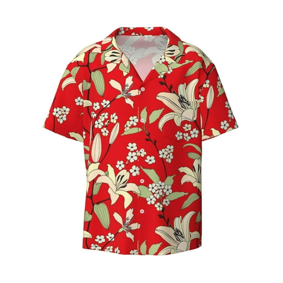 Vsdgher Lilies Flowers Print Men's Wrinkle Free Untucked Cuban Shirt Business Casual Button Down Shirts Short Sleeve Shirt