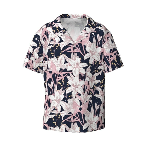 Vsdgher Lilies Flowers Print Men's Wrinkle Free Untucked Cuban Shirt Business Casual Button Down Shirts Short Sleeve Shirt