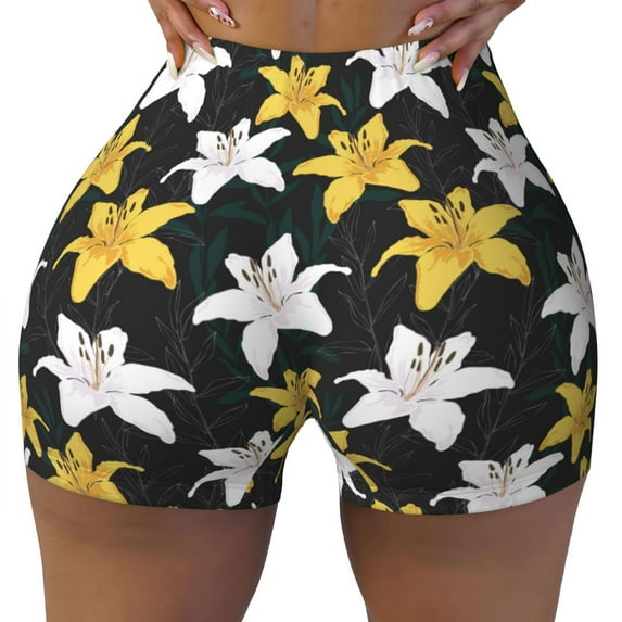 Vsdgher Lilies Flowers print Workout Shorts for Women Seamless Soft Smooth Gym Yoga Scrunch Active Exercise Fitness Shorts