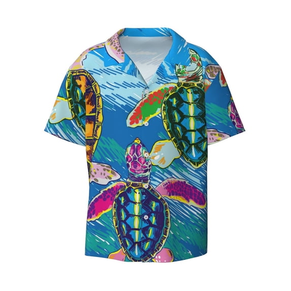 Vsdgher Little Sea Turtles Print Men's Wrinkle Free Untucked Cuban Shirt Business Casual Button Down Shirts Short Sleeve Shirt