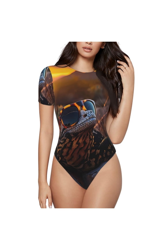 Lizard With Sunglasses Sunset Prinr Short Sleeve Body suit for Womens, Sexy Onesie One Piece Round Neck Bodysuit Shapewear Tummy Control-Medium