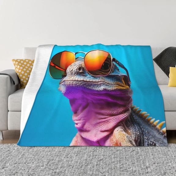 Vsdgher Lizard With Sunglasses Colorful Pattern Fleece Throw Blanket, Horizontal Fleece Bedding Home Decor for Couch & Bed All Season Use -80"x60"