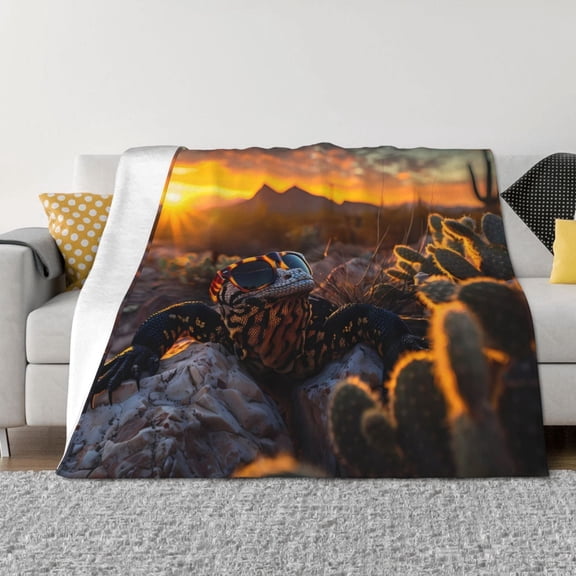 Vsdgher Lizard With Sunglasses Sunset Pattern Fleece Throw Blanket, Horizontal Fleece Bedding Home Decor for Couch & Bed All Season Use -40"x30"