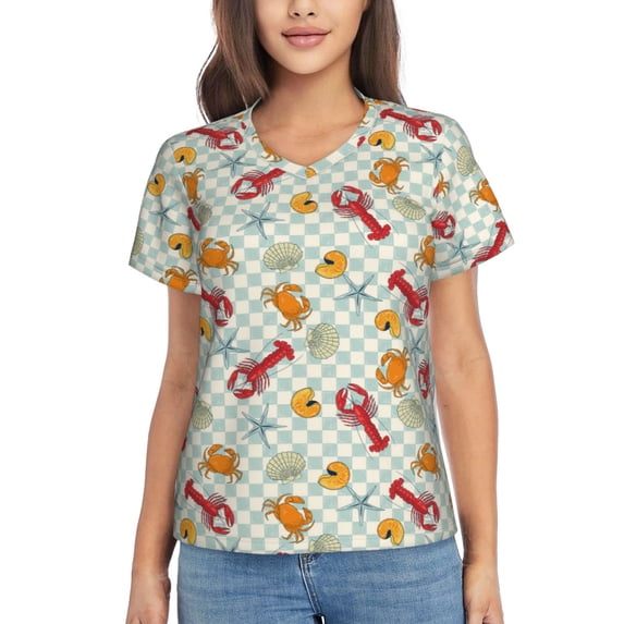 Vsdgher Lobster Sea Shell Women Shirts V Neck Short Sleeve Tops T-Shirt Basic Tees, S to 3XLX-Large
