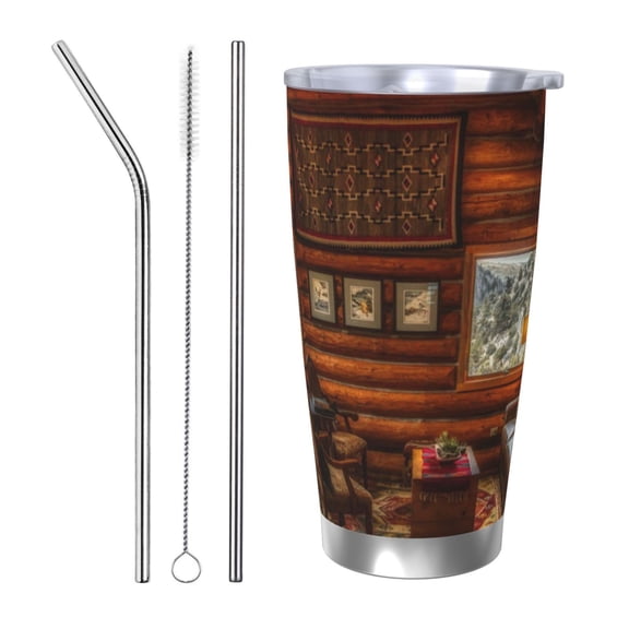 Vsdgher Log Cabin Inside 20 Oz Stainless Steel Vacuum Insulated, Travel Mug Coffee Cup for Home, Office, Outdoor Works Great for Ice Drinks and Hot Beverage -Straw Three-piece Set