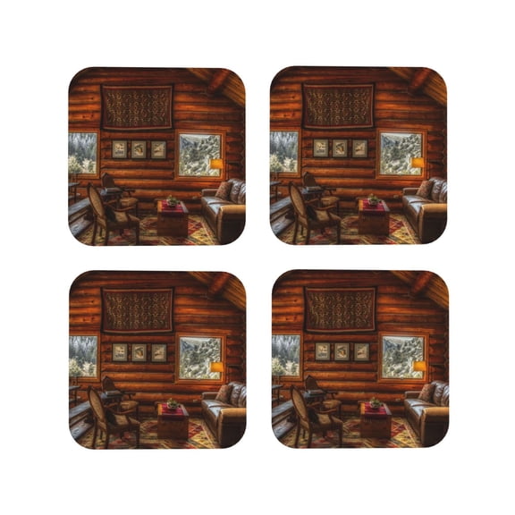 Vsdgher Log Cabin Inside Leather Coasters for Drinks, Durable Drink Coasters 4 Set for Tabletop Protection, Luxurious Home Décor and Housewarming Gift ( {designName})Square