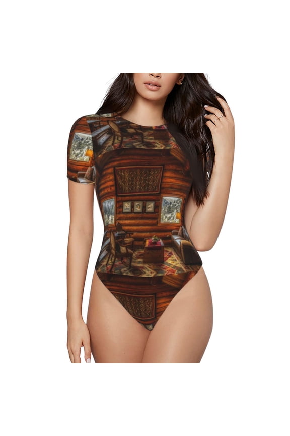 Log Cabin Inside Prinr Short Sleeve Body suit for Womens, Sexy Onesie One Piece Round Neck Bodysuit Shapewear Tummy Control-Medium