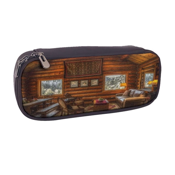 Vsdgher Log Cabin Inside Print Pen Case Leather Pencil Pouch Markers Holder Big Capacity Bag with Zippered Pocket for Stationery Tool