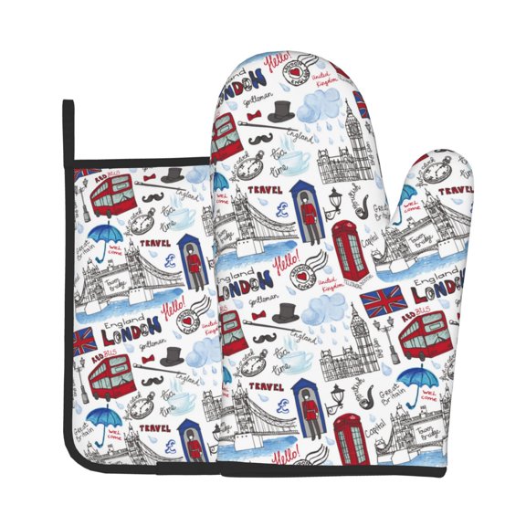 Vsdgher London Landmark2 Oven Mitts and Pot Holders 2 pcs Set,High Heat Resistant Kitchen Oven Glove for Baking and Cooking