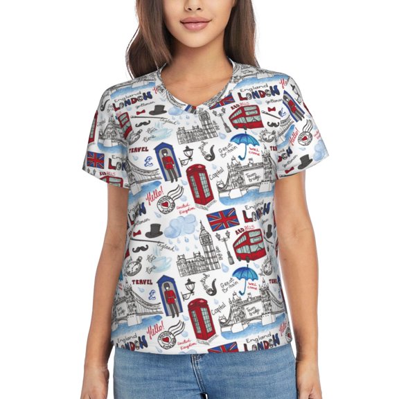 Vsdgher London Landmark2 Women Shirts V Neck Short Sleeve Tops T-Shirt Basic Tees, S to 3XLMedium