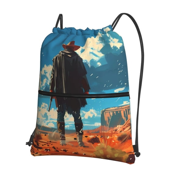 Vsdgher Lone Cowboy Desert Scene Drawstring Backpack Water Resistant String Bag Sports Sackpack Gym Sack for Men Women