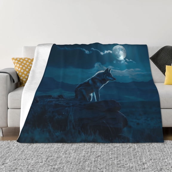 Vsdgher Lonely Night Wolf Pattern Fleece Throw Blanket, Horizontal Fleece Bedding Home Decor for Couch & Bed All Season Use -50"x40"