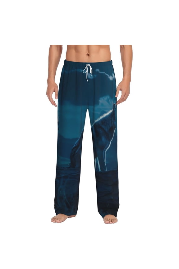Lonely Night Wolf Print Mens Pajama Pants Sleep & Lounge Pants, PJ Bottoms With elastic waistb and Pockets