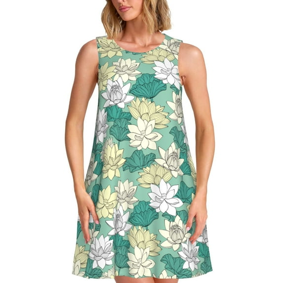 Vsdgher Lotus Flower1 Print Summer Dresses for Women Casual U Neck Beach Dress Sleeveless Tank Loose Sundress with Pocket -3X-Large