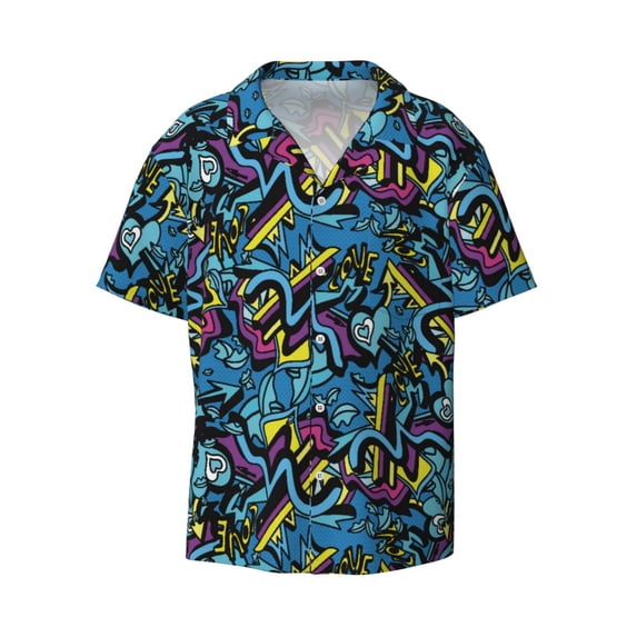 Vsdgher Love Music Print Men's Wrinkle Free Untucked Cuban Shirt Business Casual Button Down Shirts Short Sleeve Shirt