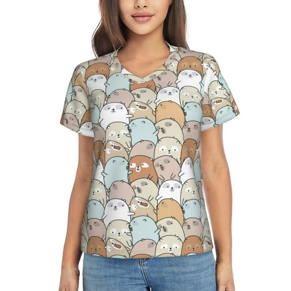 Vsdgher Lovely Bear Women Shirts V Neck Short Sleeve Tops T-Shirt Basic Tees, S to 3XL3X-Large